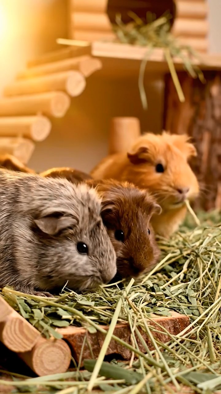 1382. Realistic depiction of 3 smooth-haired Abyssinian guinea pigs featuring orange, gray, and black coats, sharing broccoli heads, in a wizard school alchemy hall with ingredients.