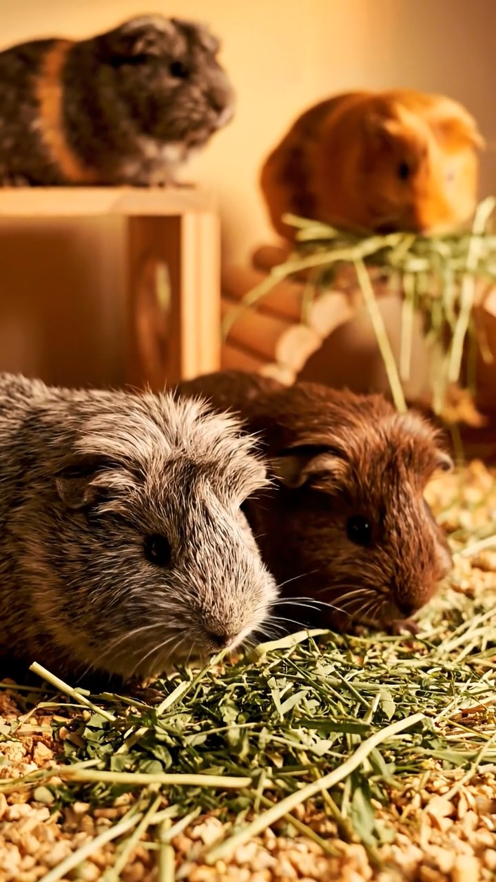 1382. Realistic depiction of 3 smooth-haired Abyssinian guinea pigs featuring orange, gray, and black coats, sharing broccoli heads, in a wizard school alchemy hall with ingredients.