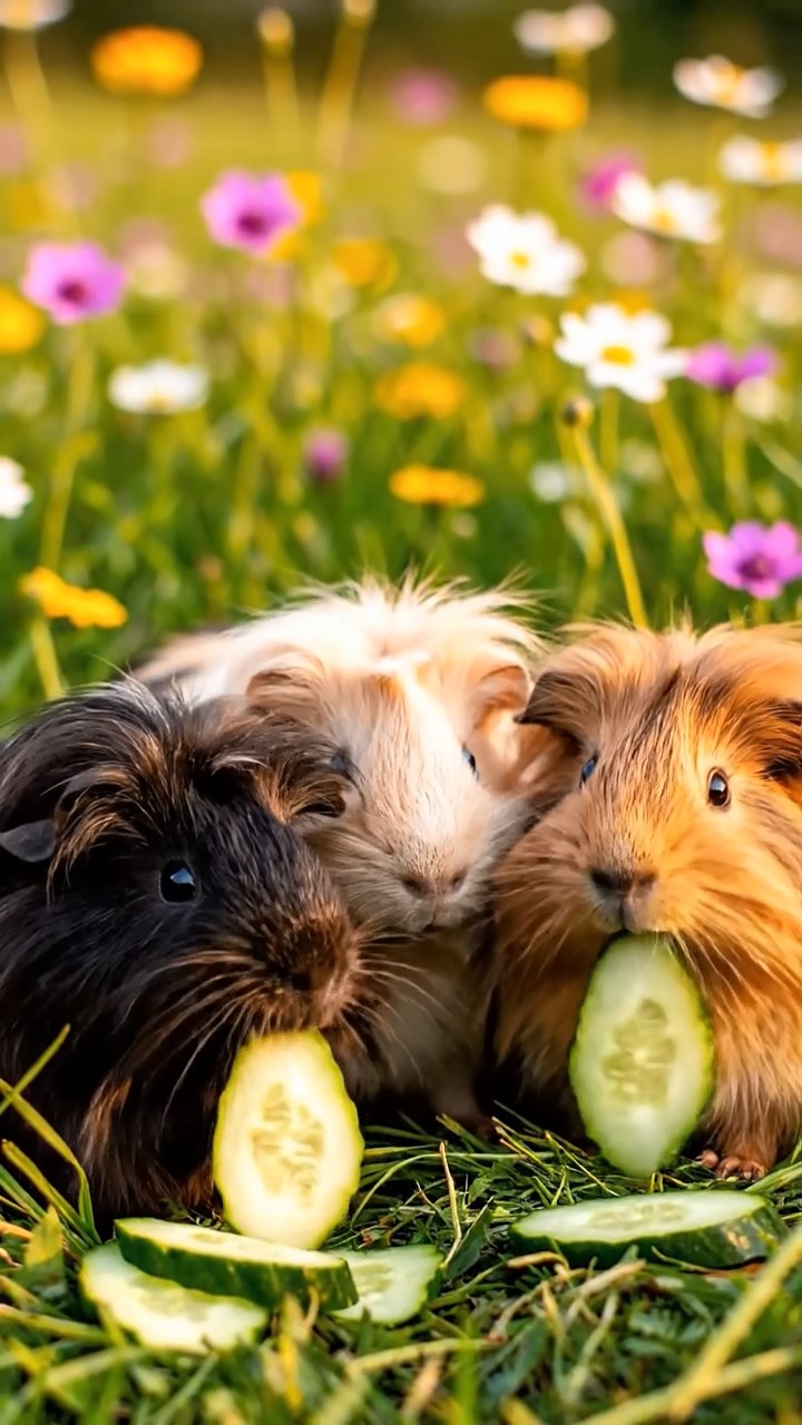 1383. Detailed image of 5 smooth-haired Peruvian guinea pigs with brown, cream, and fawn fur, munching on zucchini slices, on a lush Indonesian rice terrace with waterfalls.