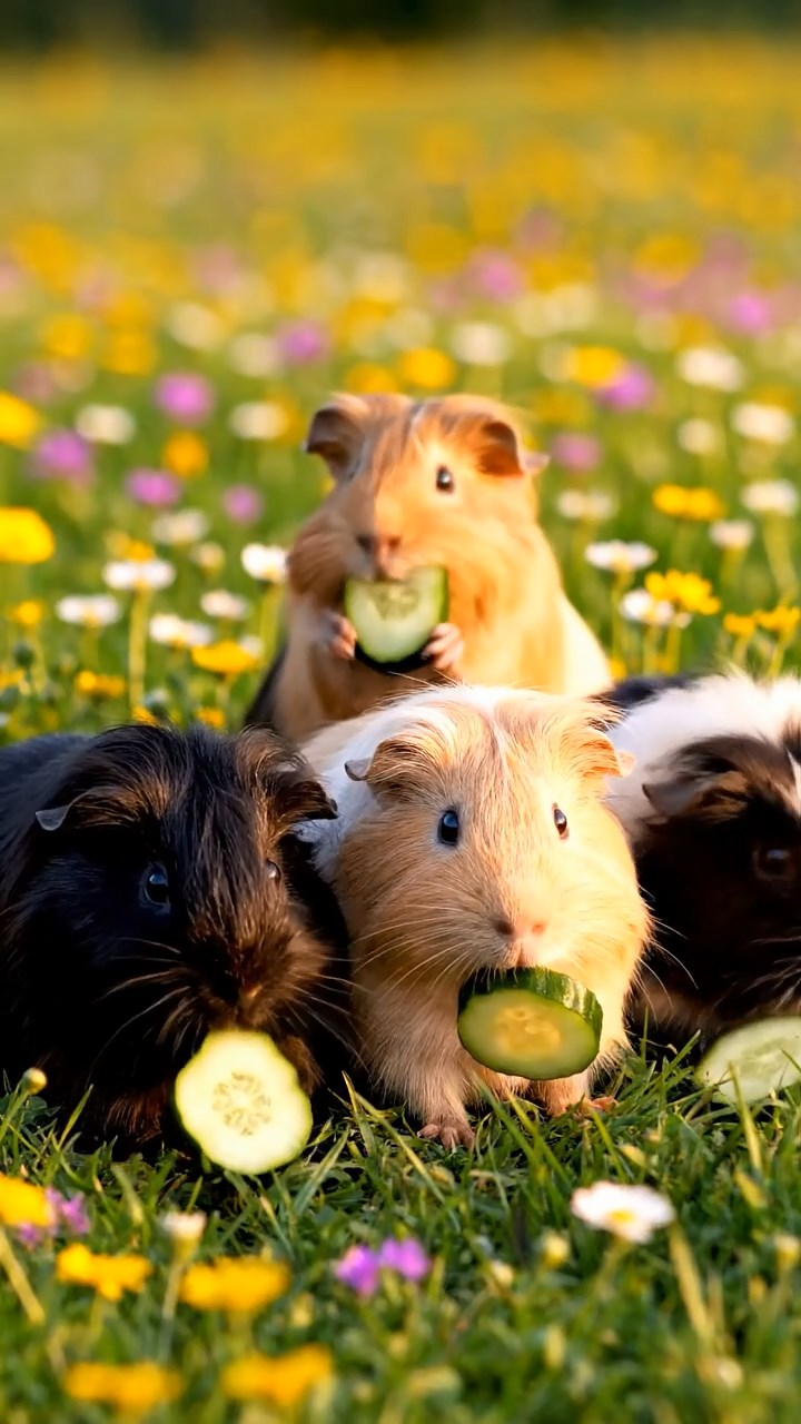 1383. Detailed image of 5 smooth-haired Peruvian guinea pigs with brown, cream, and fawn fur, munching on zucchini slices, on a lush Indonesian rice terrace with waterfalls.