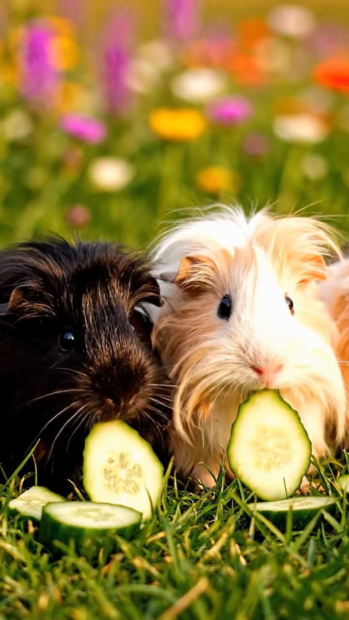 1383. Detailed image of 5 smooth-haired Peruvian guinea pigs with brown, cream, and fawn fur, munching on zucchini slices, on a lush Indonesian rice terrace with waterfalls.