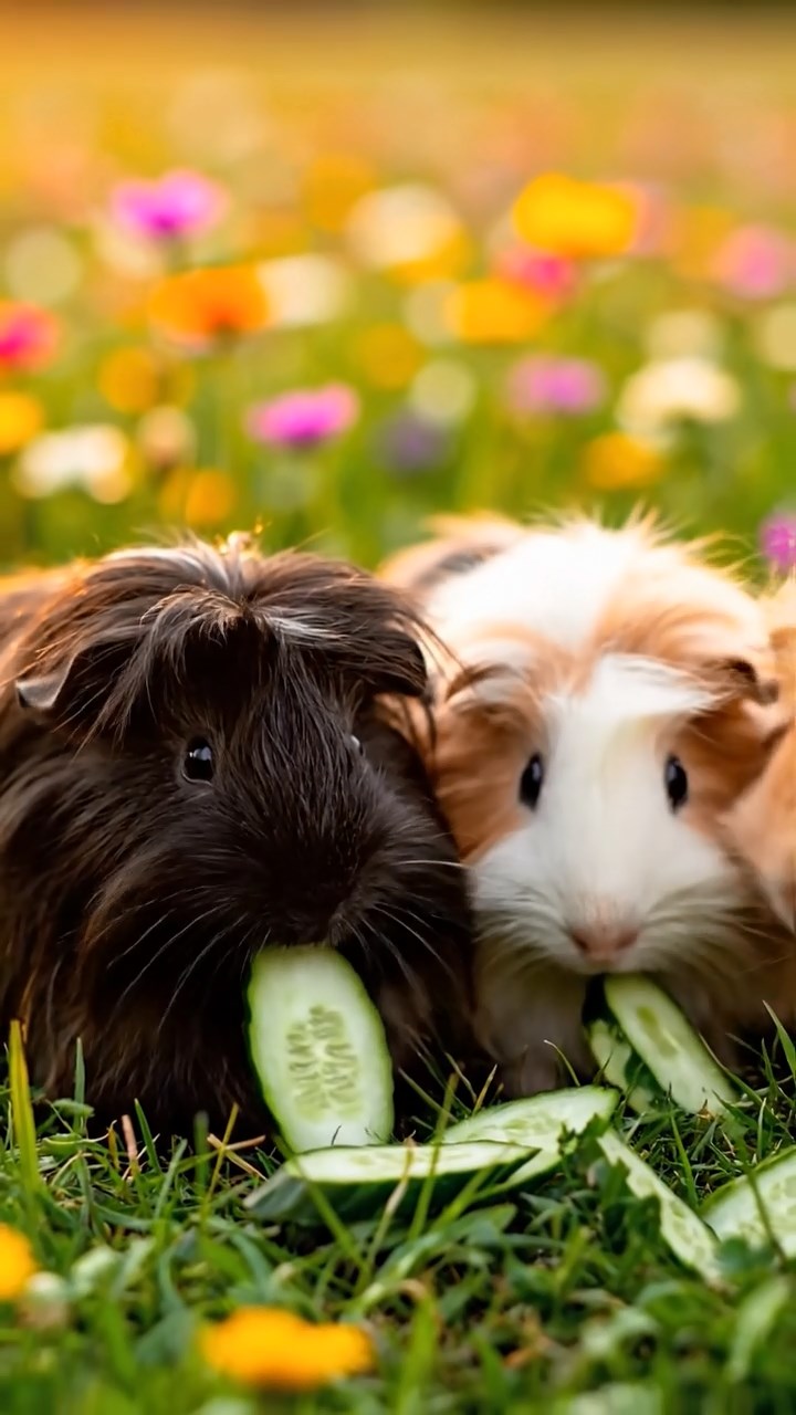 1383. Detailed image of 5 smooth-haired Peruvian guinea pigs with brown, cream, and fawn fur, munching on zucchini slices, on a lush Indonesian rice terrace with waterfalls.