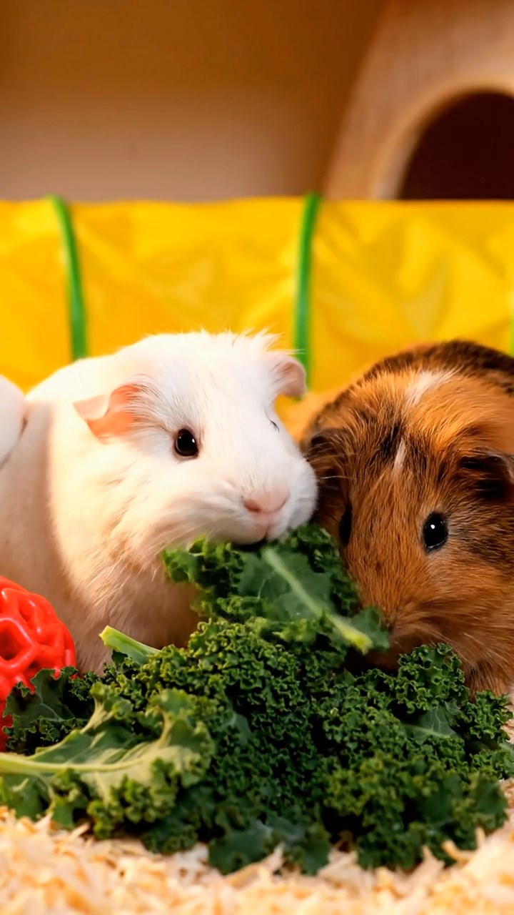 1384. Photorealistic scene of 1 smooth-haired Silkie guinea pig with chocolate fur, eating alfalfa hay, in a high-tech body modification lab with screens.