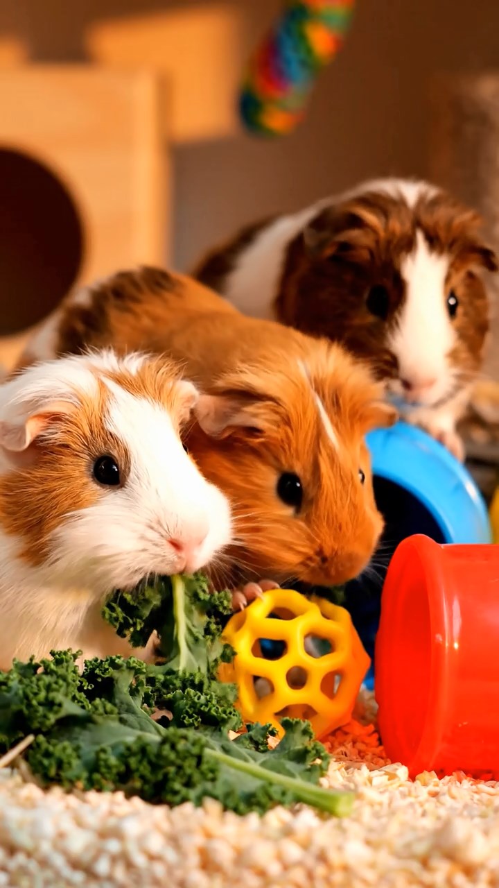 1384. Photorealistic scene of 1 smooth-haired Silkie guinea pig with chocolate fur, eating alfalfa hay, in a high-tech body modification lab with screens.
