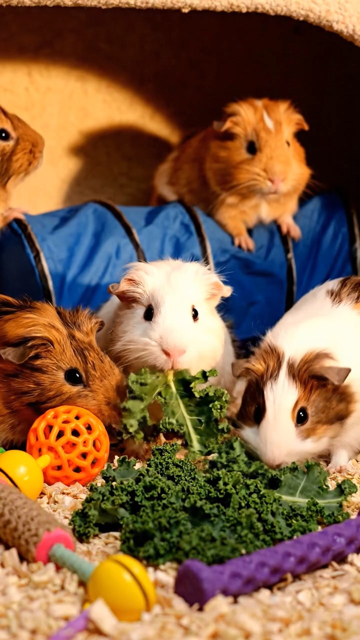 1384. Photorealistic scene of 1 smooth-haired Silkie guinea pig with chocolate fur, eating alfalfa hay, in a high-tech body modification lab with screens.