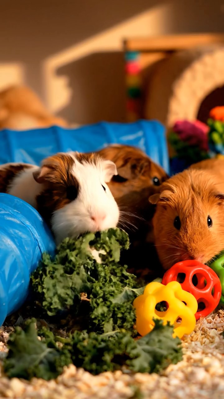 1384. Photorealistic scene of 1 smooth-haired Silkie guinea pig with chocolate fur, eating alfalfa hay, in a high-tech body modification lab with screens.