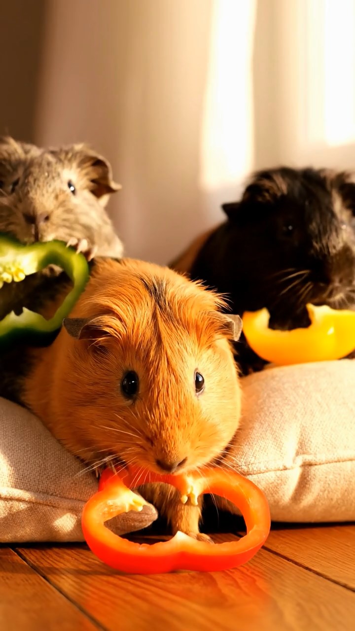 1385. Realistic photo of 4 smooth-haired Teddy guinea pigs in cinnamon, sable, and white colors, nibbling on grape halves, atop a snowy mountain peak with flags.