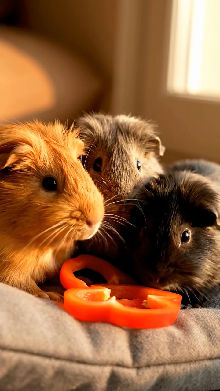 1385. Realistic photo of 4 smooth-haired Teddy guinea pigs in cinnamon, sable, and white colors, nibbling on grape halves, atop a snowy mountain peak with flags.