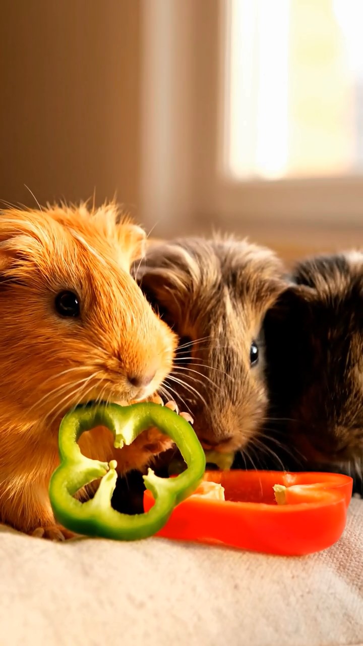 1385. Realistic photo of 4 smooth-haired Teddy guinea pigs in cinnamon, sable, and white colors, nibbling on grape halves, atop a snowy mountain peak with flags.