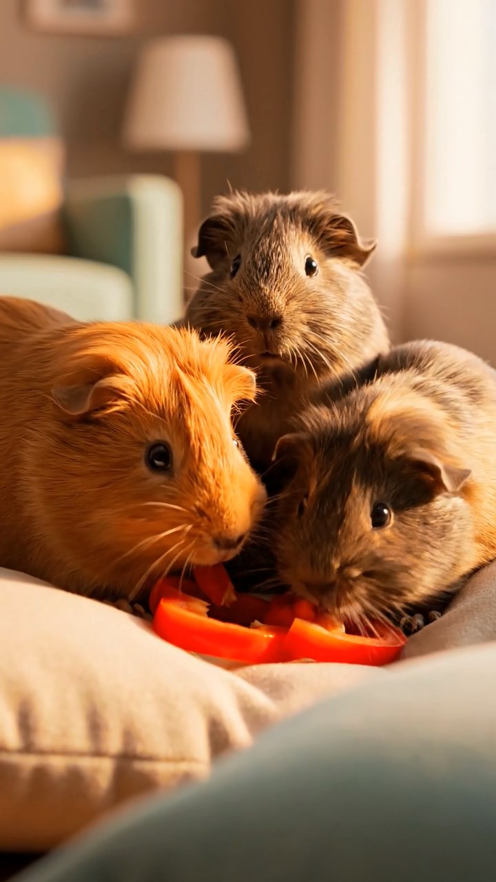 1385. Realistic photo of 4 smooth-haired Teddy guinea pigs in cinnamon, sable, and white colors, nibbling on grape halves, atop a snowy mountain peak with flags.