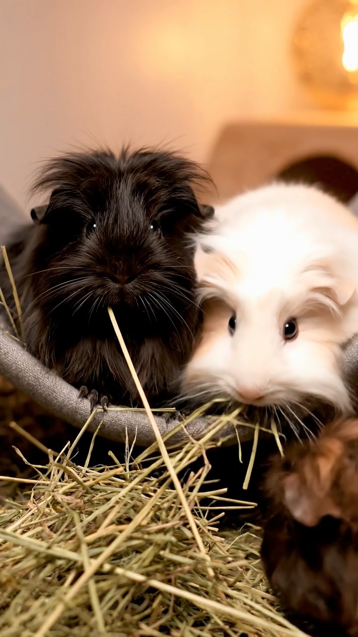 1386. Highly detailed view of 2 smooth-haired Texel guinea pigs with orange and gray fur, chewing on bell pepper strips, in a Mesoamerican pyramid summit with views.