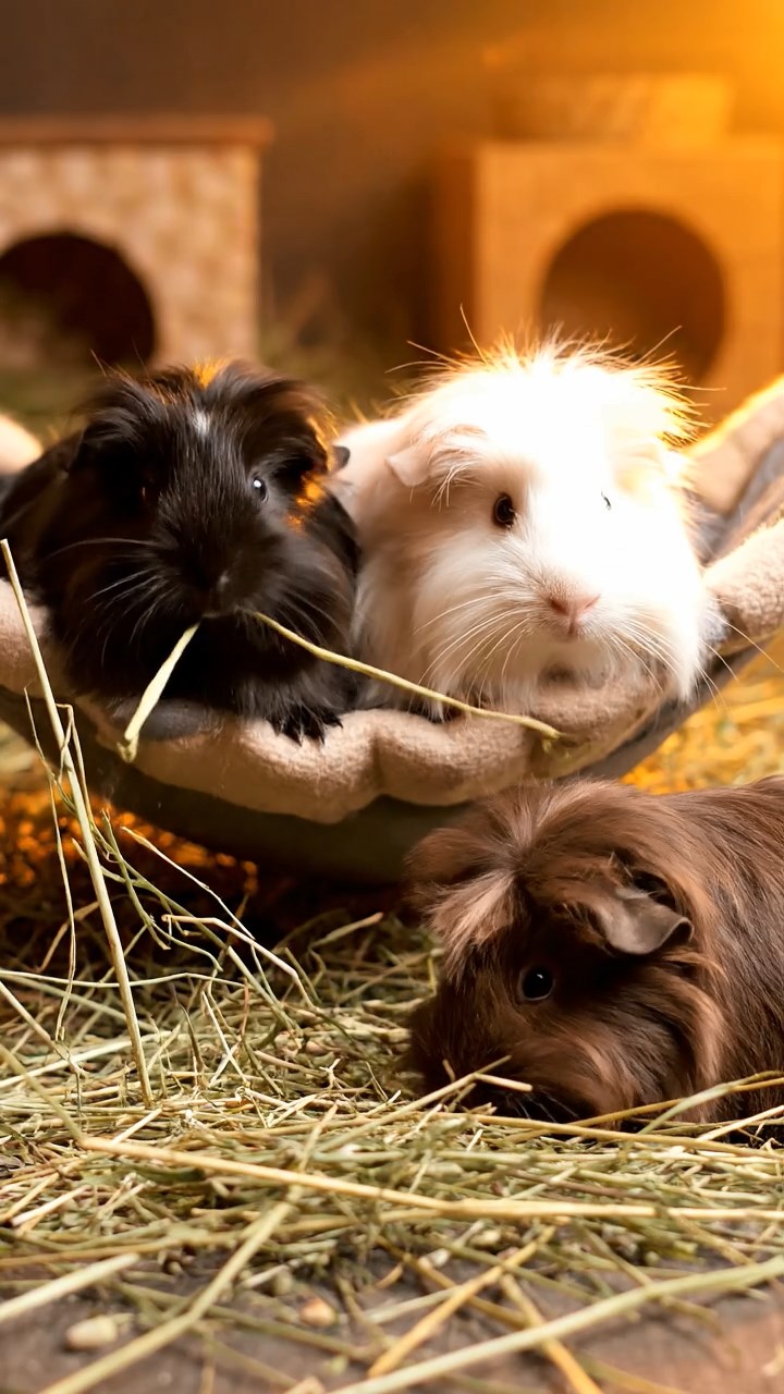 1386. Highly detailed view of 2 smooth-haired Texel guinea pigs with orange and gray fur, chewing on bell pepper strips, in a Mesoamerican pyramid summit with views.
