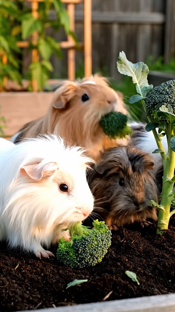1387. Photorealistic image of 3 smooth-haired Rex guinea pigs featuring black, brown, and cream coats, sharing carrot sticks, on a market barge in Italian canals.