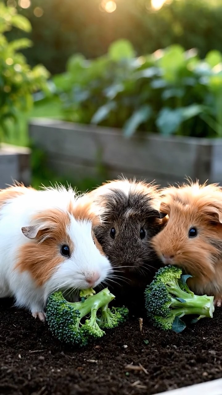 1387. Photorealistic image of 3 smooth-haired Rex guinea pigs featuring black, brown, and cream coats, sharing carrot sticks, on a market barge in Italian canals.