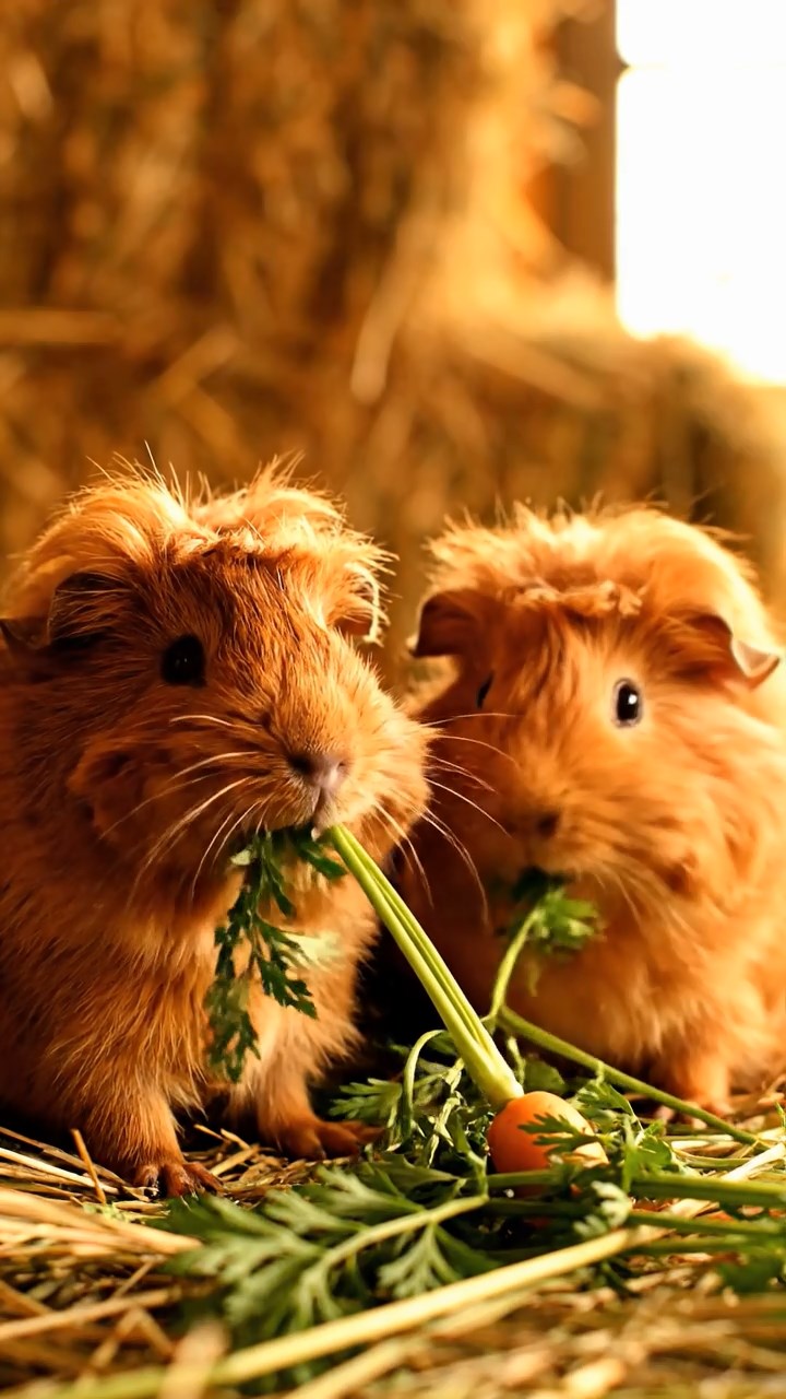 1388. Realistic depiction of 1 smooth-haired Coronet guinea pig with fawn fur, munching on celery ribs, at a fossil excavation pit with brushes.