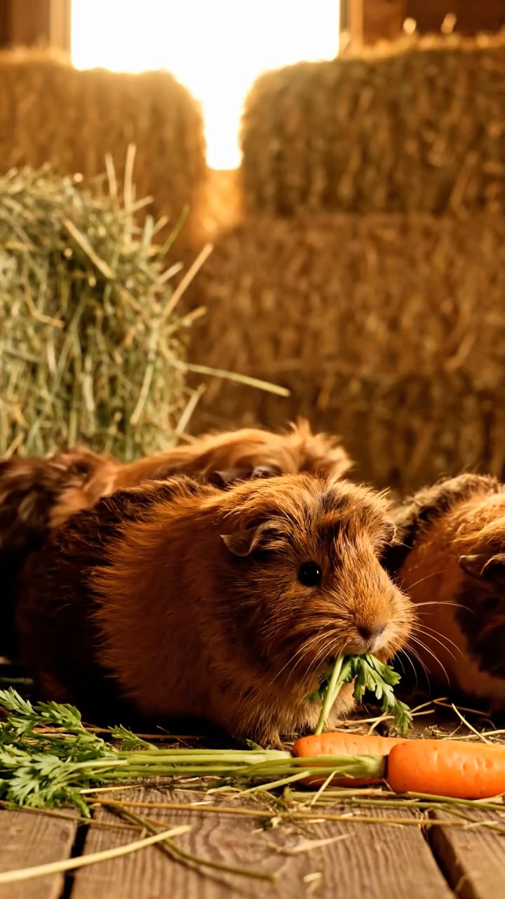 1388. Realistic depiction of 1 smooth-haired Coronet guinea pig with fawn fur, munching on celery ribs, at a fossil excavation pit with brushes.
