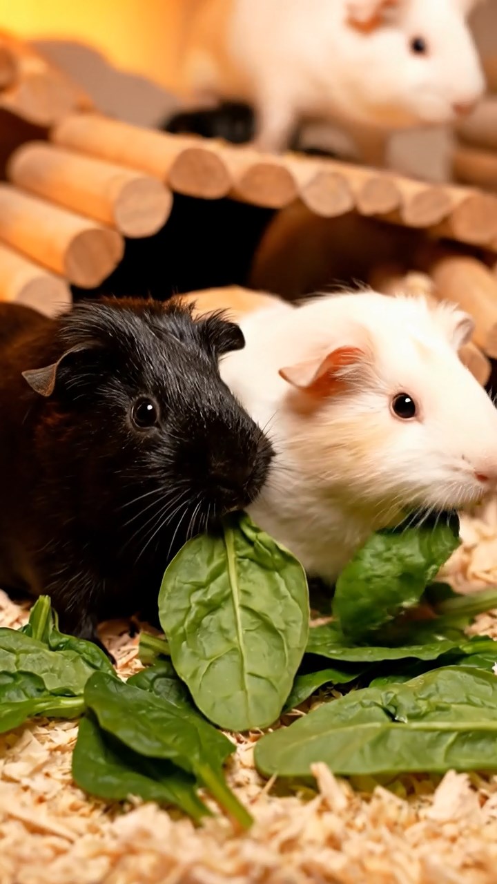 1389. Detailed scene of 5 smooth-haired White Crested guinea pigs with chocolate, cinnamon, and sable fur, eating orange peels, in a ferny prehistoric landscape with dinosaurs afar.