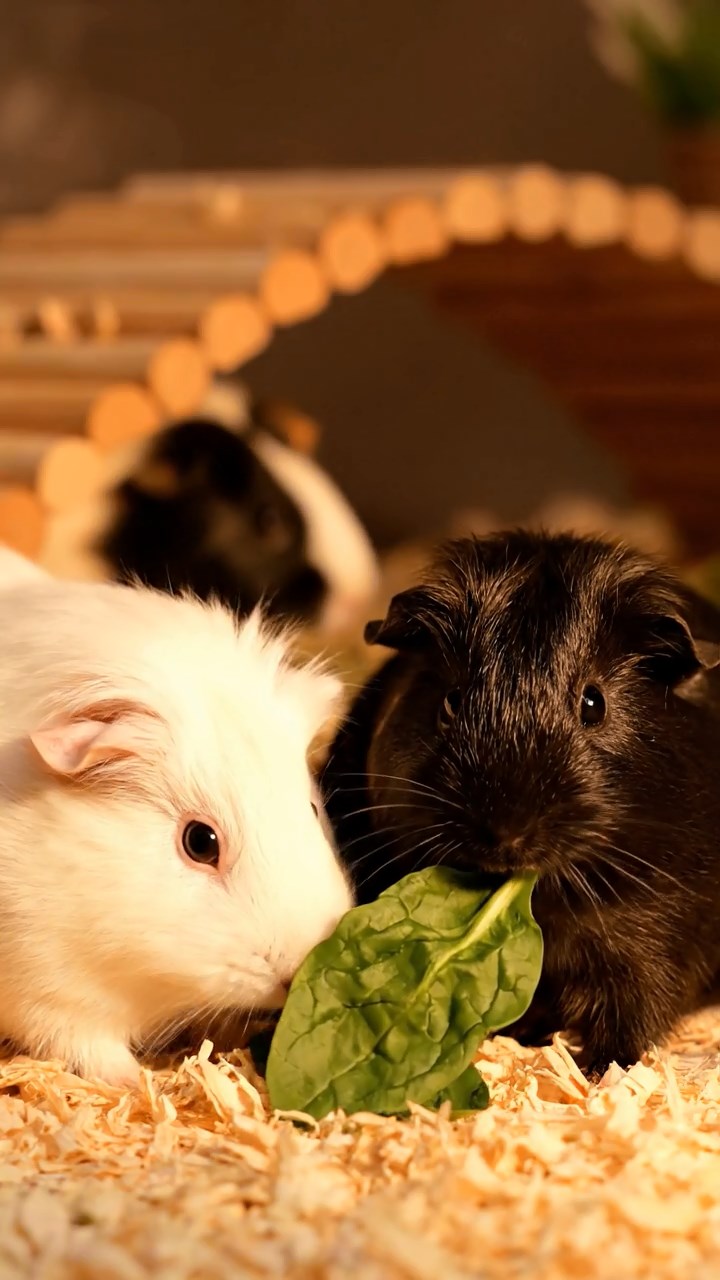 1389. Detailed scene of 5 smooth-haired White Crested guinea pigs with chocolate, cinnamon, and sable fur, eating orange peels, in a ferny prehistoric landscape with dinosaurs afar.