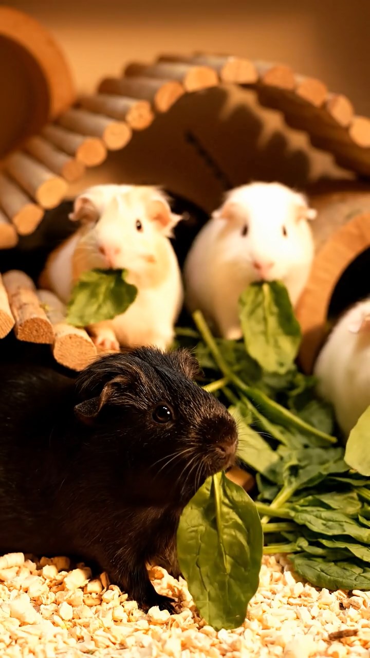 1389. Detailed scene of 5 smooth-haired White Crested guinea pigs with chocolate, cinnamon, and sable fur, eating orange peels, in a ferny prehistoric landscape with dinosaurs afar.