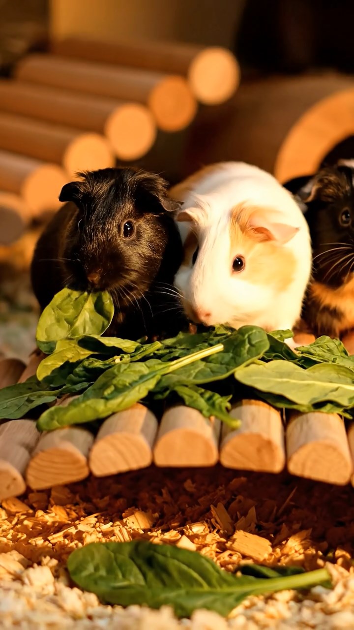 1389. Detailed scene of 5 smooth-haired White Crested guinea pigs with chocolate, cinnamon, and sable fur, eating orange peels, in a ferny prehistoric landscape with dinosaurs afar.