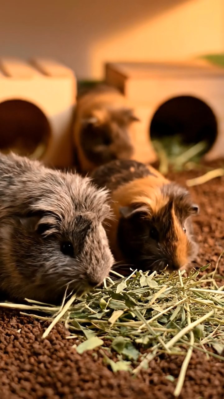 1390. Photorealistic photo of 4 smooth-haired Skinny guinea pigs in white, orange, and gray colors, nibbling on banana chunks, on a red planet outpost with habitats.