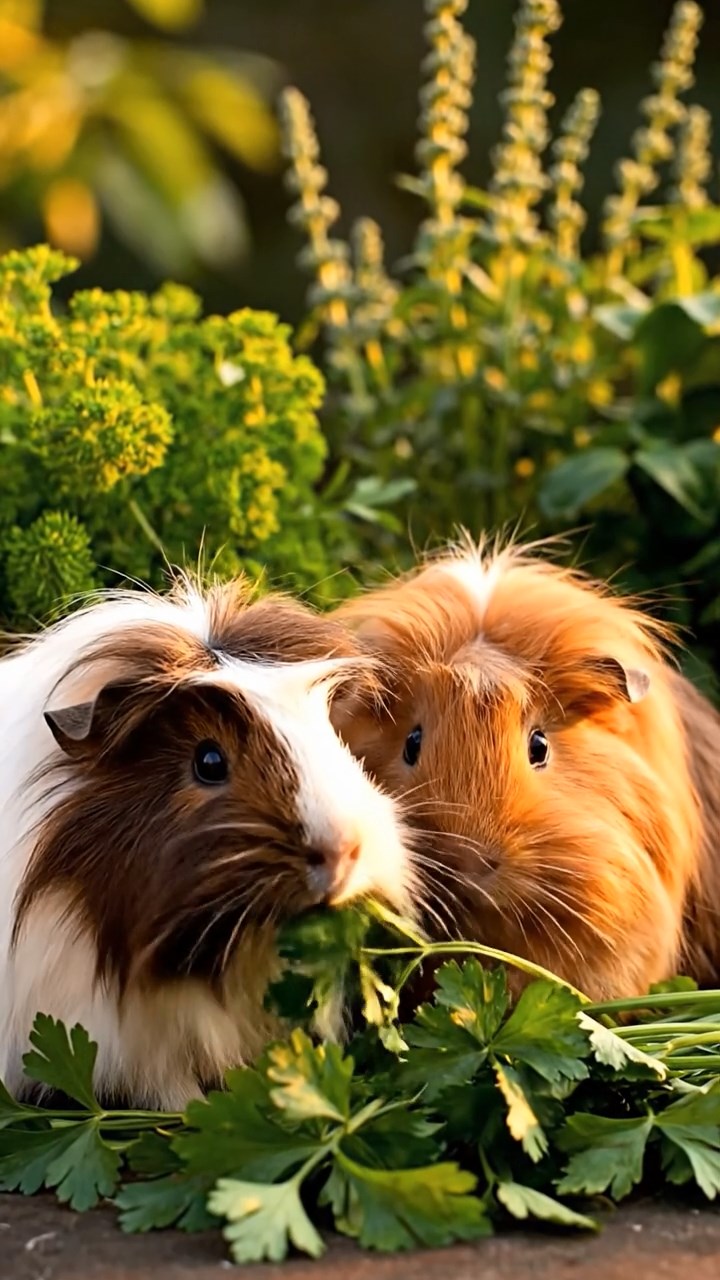 1391. Realistic image of 2 smooth-haired American guinea pigs with black and brown fur, chewing on strawberry slices, inside a fairy tale carriage with enchanted horses.