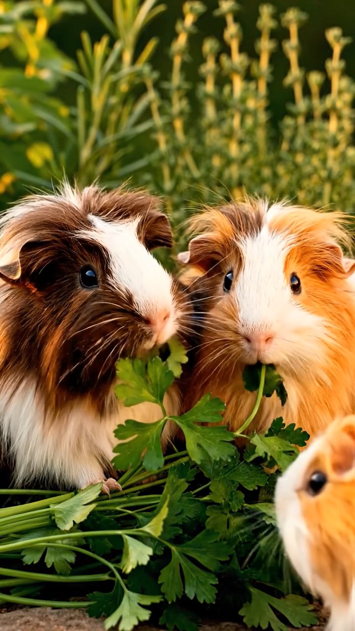1391. Realistic image of 2 smooth-haired American guinea pigs with black and brown fur, chewing on strawberry slices, inside a fairy tale carriage with enchanted horses.