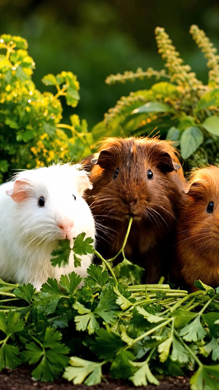 1391. Realistic image of 2 smooth-haired American guinea pigs with black and brown fur, chewing on strawberry slices, inside a fairy tale carriage with enchanted horses.