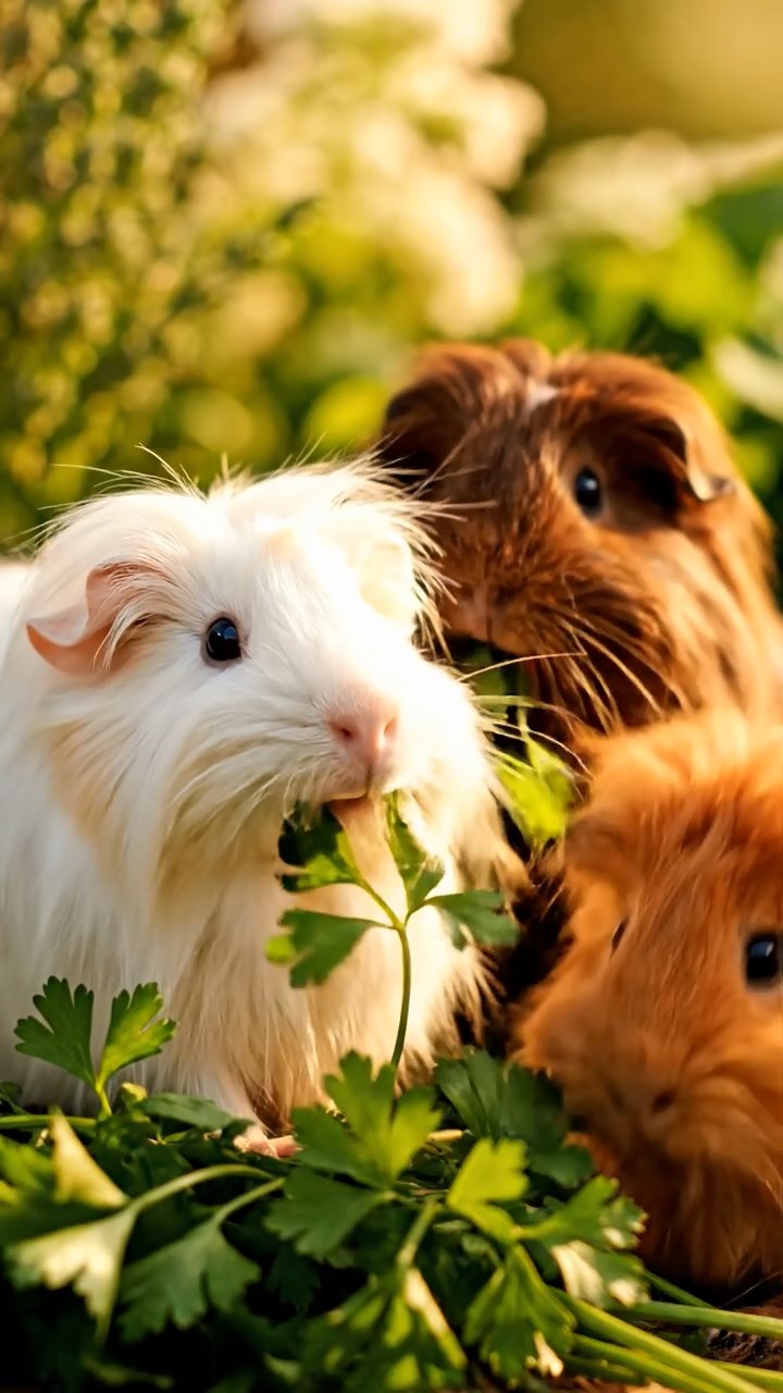 1391. Realistic image of 2 smooth-haired American guinea pigs with black and brown fur, chewing on strawberry slices, inside a fairy tale carriage with enchanted horses.