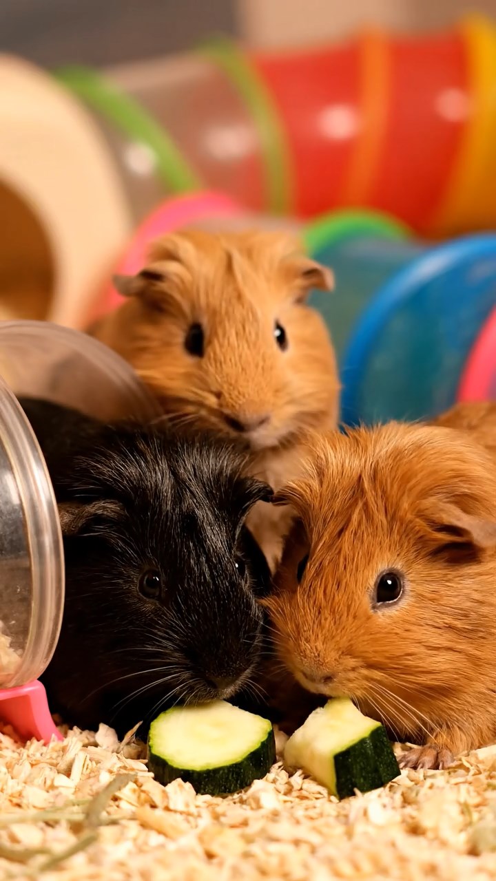 1392. Highly detailed view of 3 smooth-haired Abyssinian guinea pigs featuring cream, fawn, and chocolate coats, sharing pear halves, on a icy polar station exterior.