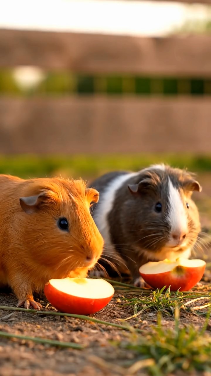 1393. Photorealistic scene of 1 smooth-haired Peruvian guinea pig with cinnamon fur, munching on cucumber rounds, in a cluttered steampunk garage with inventions.