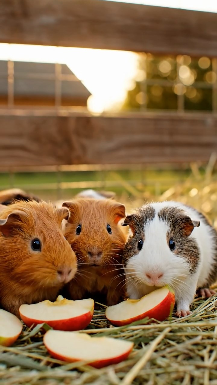 1393. Photorealistic scene of 1 smooth-haired Peruvian guinea pig with cinnamon fur, munching on cucumber rounds, in a cluttered steampunk garage with inventions.