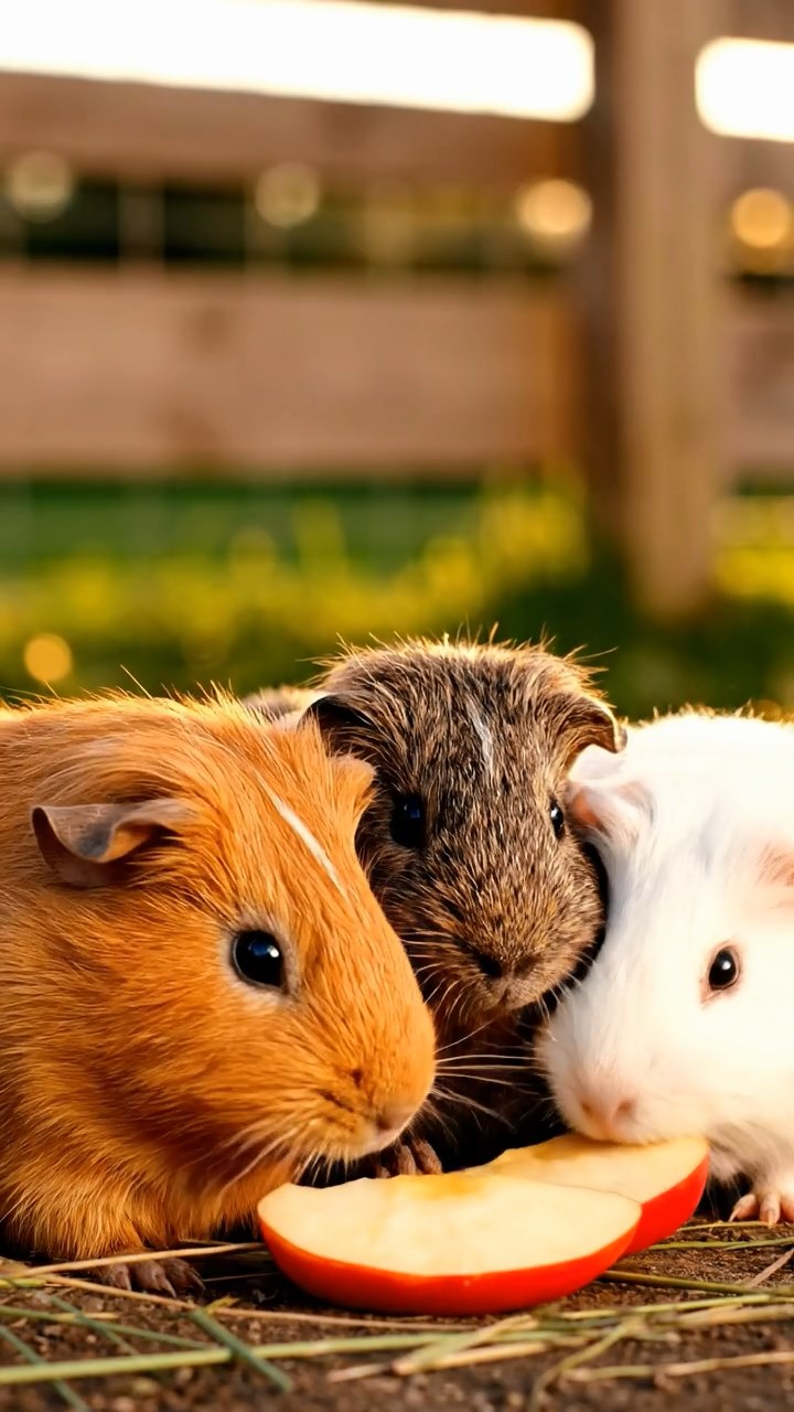 1393. Photorealistic scene of 1 smooth-haired Peruvian guinea pig with cinnamon fur, munching on cucumber rounds, in a cluttered steampunk garage with inventions.