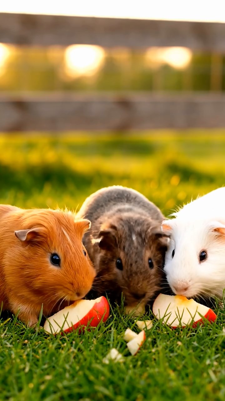 1393. Photorealistic scene of 1 smooth-haired Peruvian guinea pig with cinnamon fur, munching on cucumber rounds, in a cluttered steampunk garage with inventions.