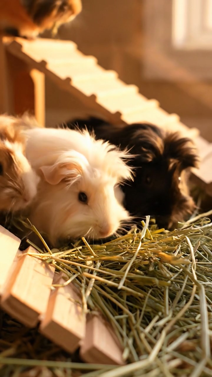 1394. Realistic depiction of 4 smooth-haired Silkie guinea pigs with sable, white, and orange fur, eating timothy hay, near a volcanic Japanese shrine with lanterns.