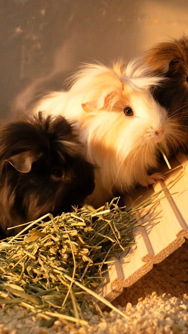 1394. Realistic depiction of 4 smooth-haired Silkie guinea pigs with sable, white, and orange fur, eating timothy hay, near a volcanic Japanese shrine with lanterns.