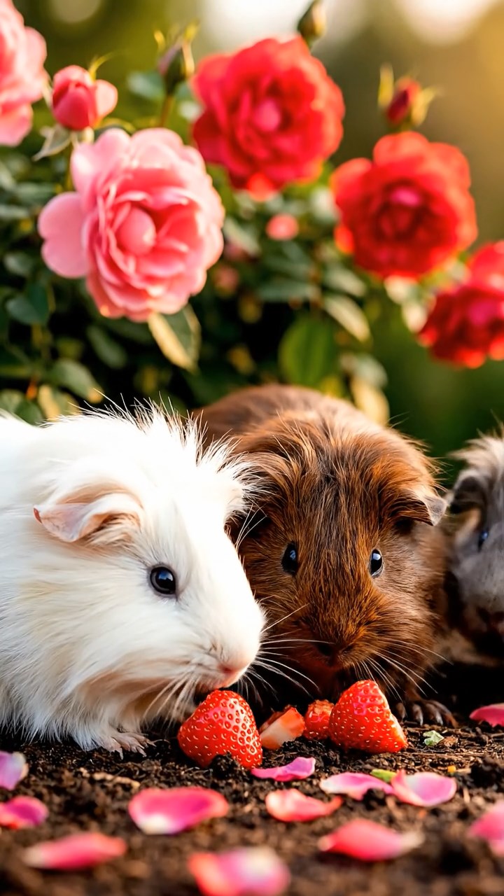1395. Detailed photo of 2 smooth-haired Teddy guinea pigs in gray and black colors, nibbling on kiwi slices, in a ancient submerged temple with fish swimming.