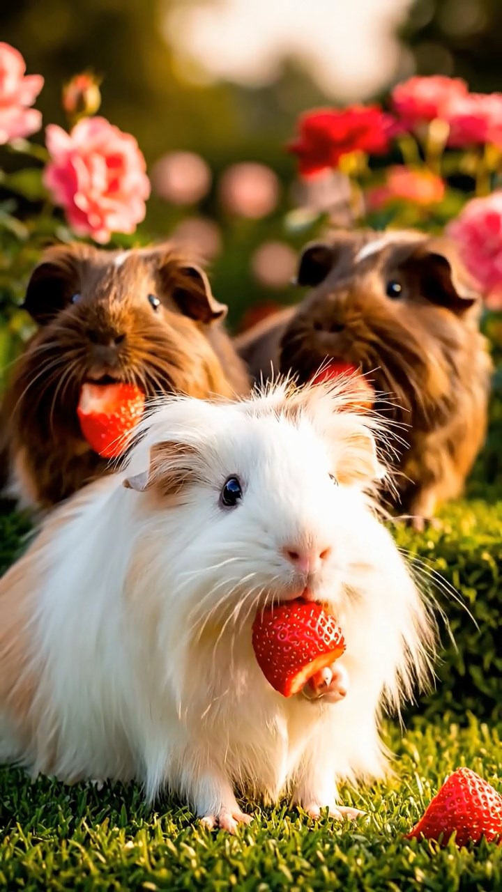 1395. Detailed photo of 2 smooth-haired Teddy guinea pigs in gray and black colors, nibbling on kiwi slices, in a ancient submerged temple with fish swimming.