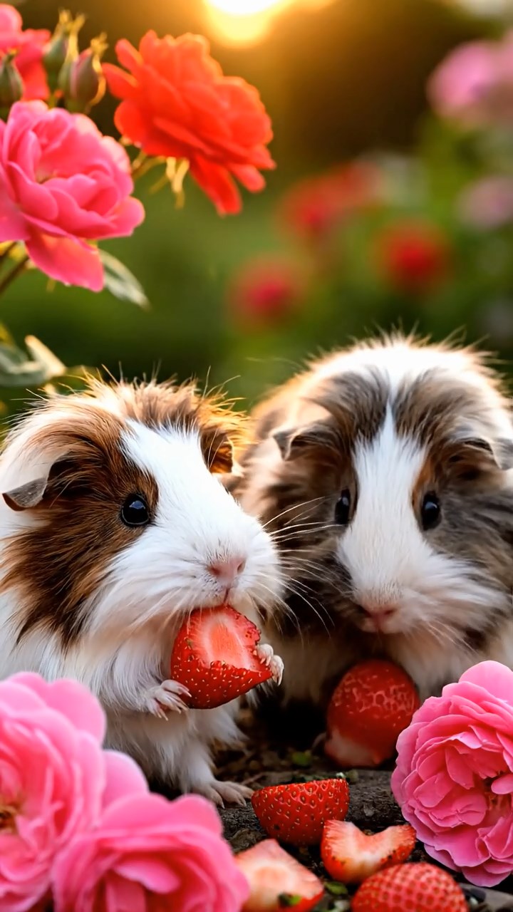 1395. Detailed photo of 2 smooth-haired Teddy guinea pigs in gray and black colors, nibbling on kiwi slices, in a ancient submerged temple with fish swimming.