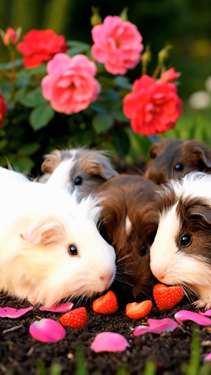 1395. Detailed photo of 2 smooth-haired Teddy guinea pigs in gray and black colors, nibbling on kiwi slices, in a ancient submerged temple with fish swimming.