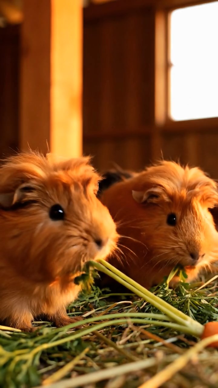 1396. Photorealistic image of 3 smooth-haired Texel guinea pigs with brown, cream, and fawn fur, chewing on spinach bunches, on a frontier town boardwalk with cowboys.