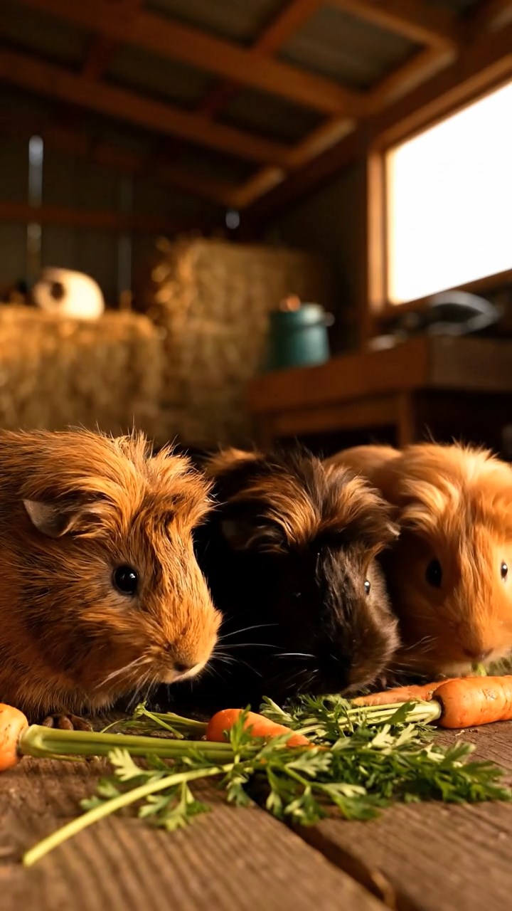 1396. Photorealistic image of 3 smooth-haired Texel guinea pigs with brown, cream, and fawn fur, chewing on spinach bunches, on a frontier town boardwalk with cowboys.