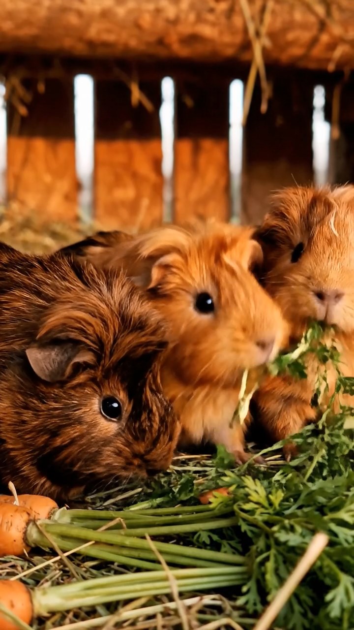 1396. Photorealistic image of 3 smooth-haired Texel guinea pigs with brown, cream, and fawn fur, chewing on spinach bunches, on a frontier town boardwalk with cowboys.