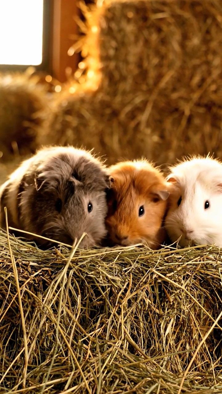 1398. Highly detailed view of 1 smooth-haired Coronet guinea pig with white fur, munching on alfalfa sprouts, at a medieval banquet table with goblets.