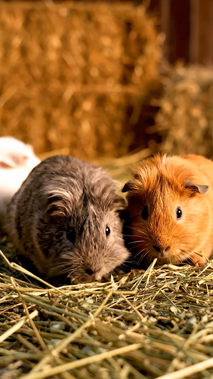 1398. Highly detailed view of 1 smooth-haired Coronet guinea pig with white fur, munching on alfalfa sprouts, at a medieval banquet table with goblets.