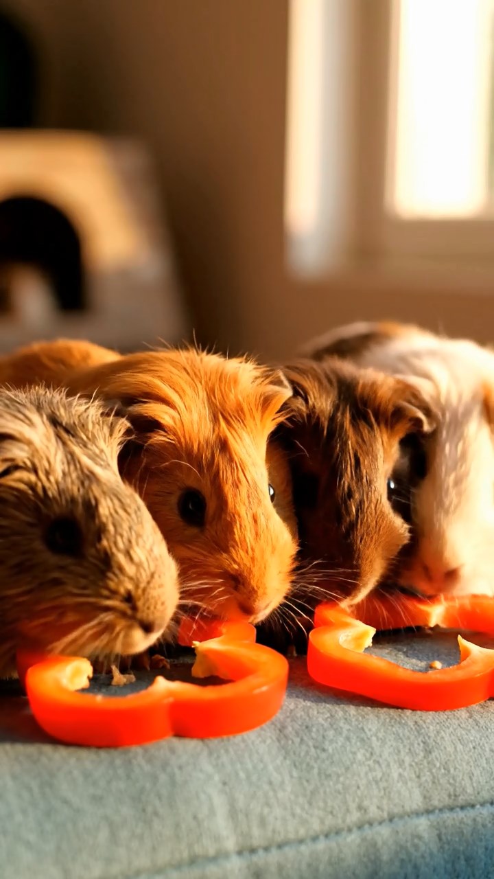 1401. A realistic close-up photo of 3 smooth-haired American guinea pigs with white, orange, and gray fur, eagerly munching on fresh lettuce leaves, in a surreal floating island meadow with gravity-defying waterfalls and misty clouds under ethereal sunlight.