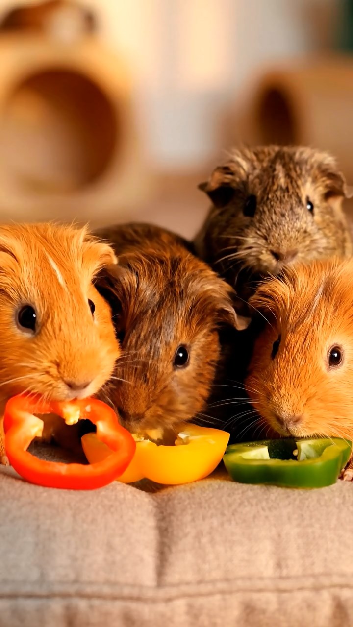 1401. A realistic close-up photo of 3 smooth-haired American guinea pigs with white, orange, and gray fur, eagerly munching on fresh lettuce leaves, in a surreal floating island meadow with gravity-defying waterfalls and misty clouds under ethereal sunlight.