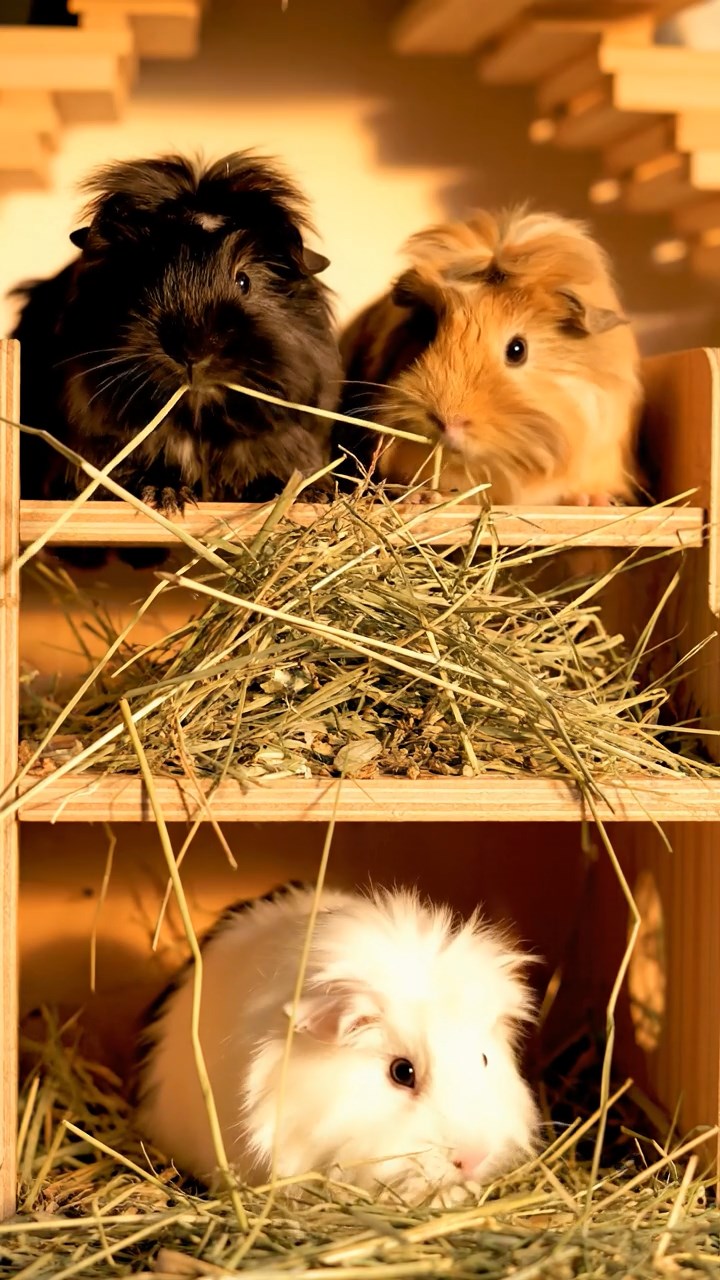 1402. Highly detailed realistic image of 2 smooth-haired Abyssinian guinea pigs featuring black and brown coats, nibbling on apple slices, on a ancient sunken Atlantis plaza with marble ruins and bioluminescent fish swimming around.