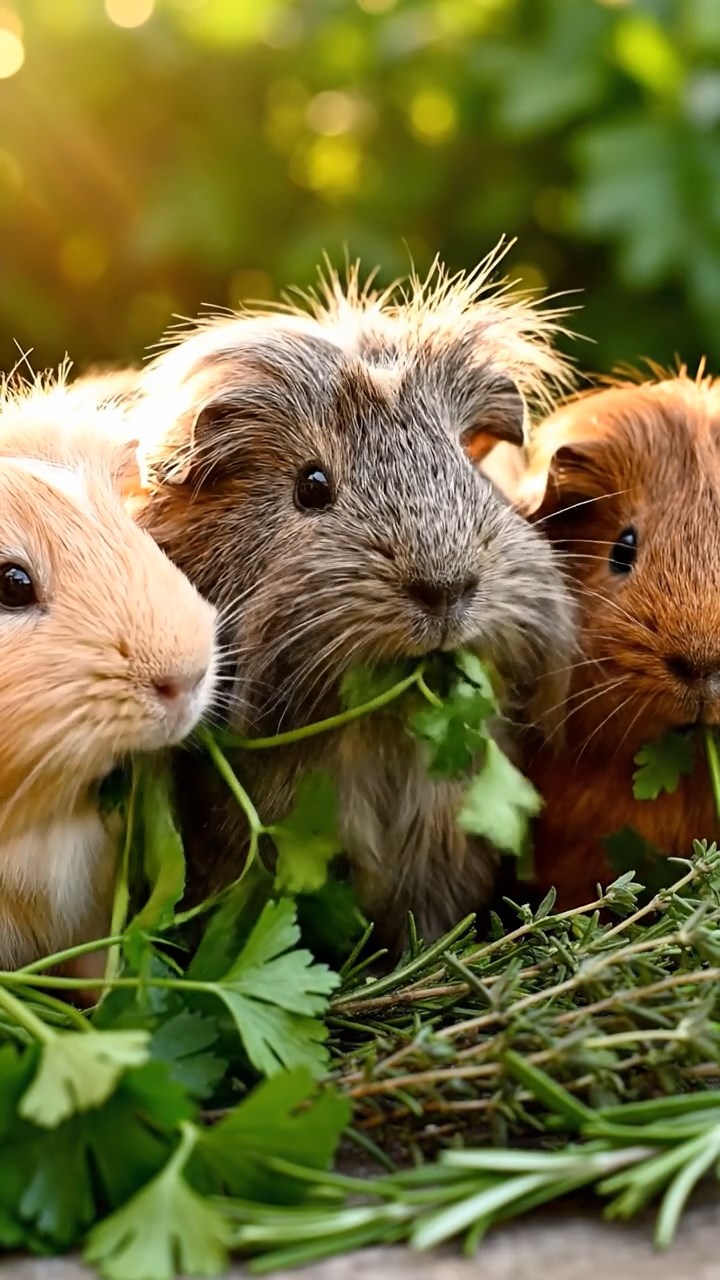 1403. Photorealistic scene of 4 smooth-haired Peruvian guinea pigs with cream, fawn, and chocolate fur, eating dried timothy hay, inside a derelict spaceship cockpit with flickering screens and starry void outside.