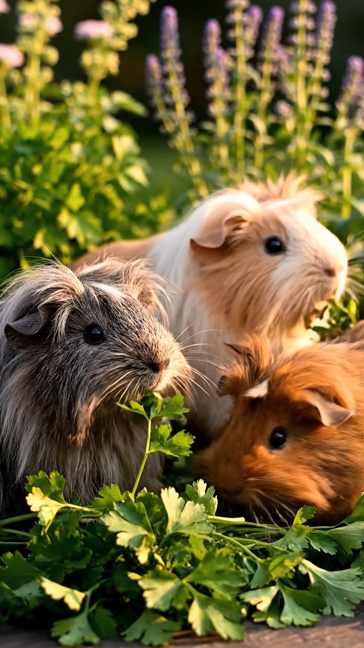 1403. Photorealistic scene of 4 smooth-haired Peruvian guinea pigs with cream, fawn, and chocolate fur, eating dried timothy hay, inside a derelict spaceship cockpit with flickering screens and starry void outside.